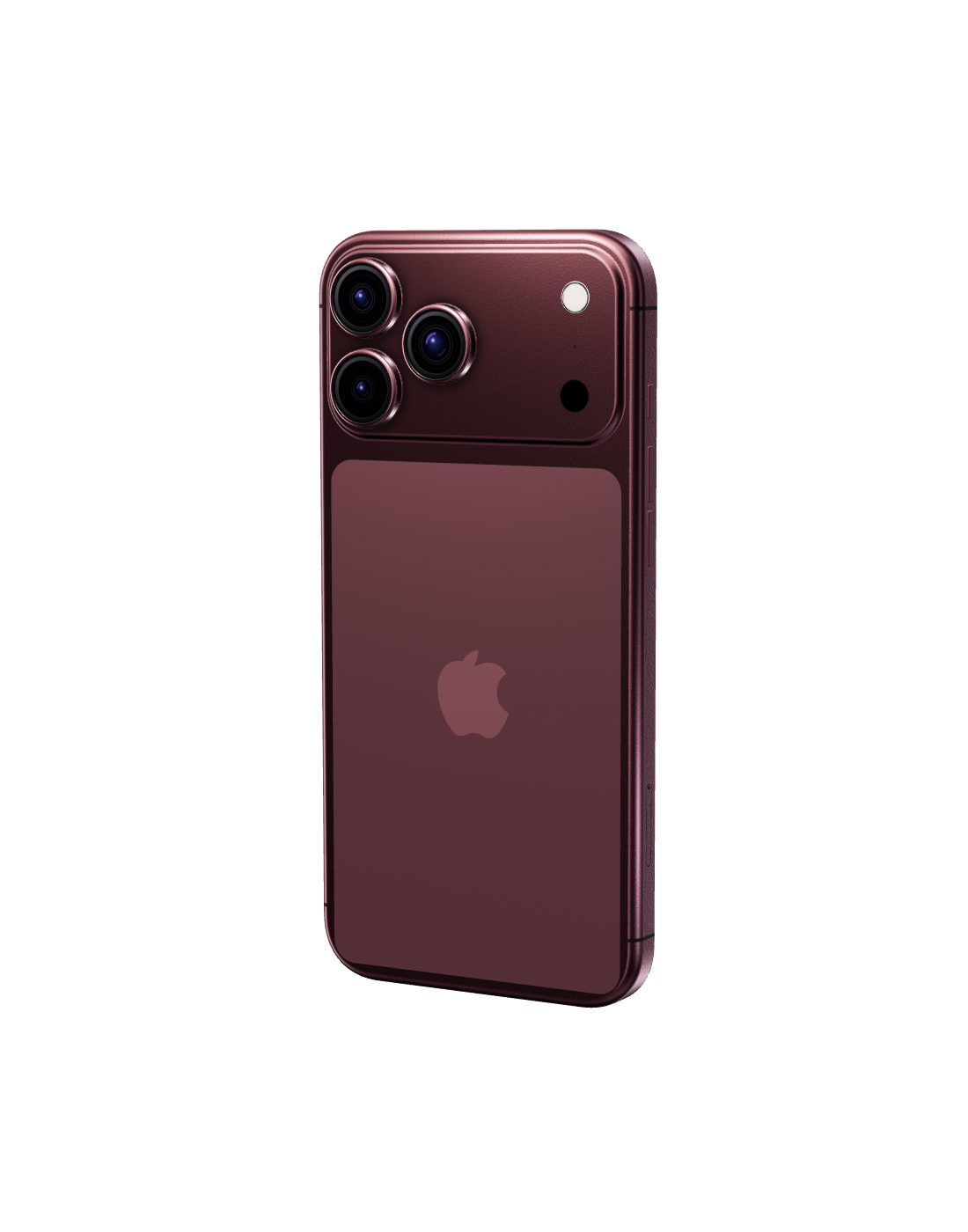 iPhone 18 Pro na cor bordô, visto de costas, com o conjunto de três câmeras