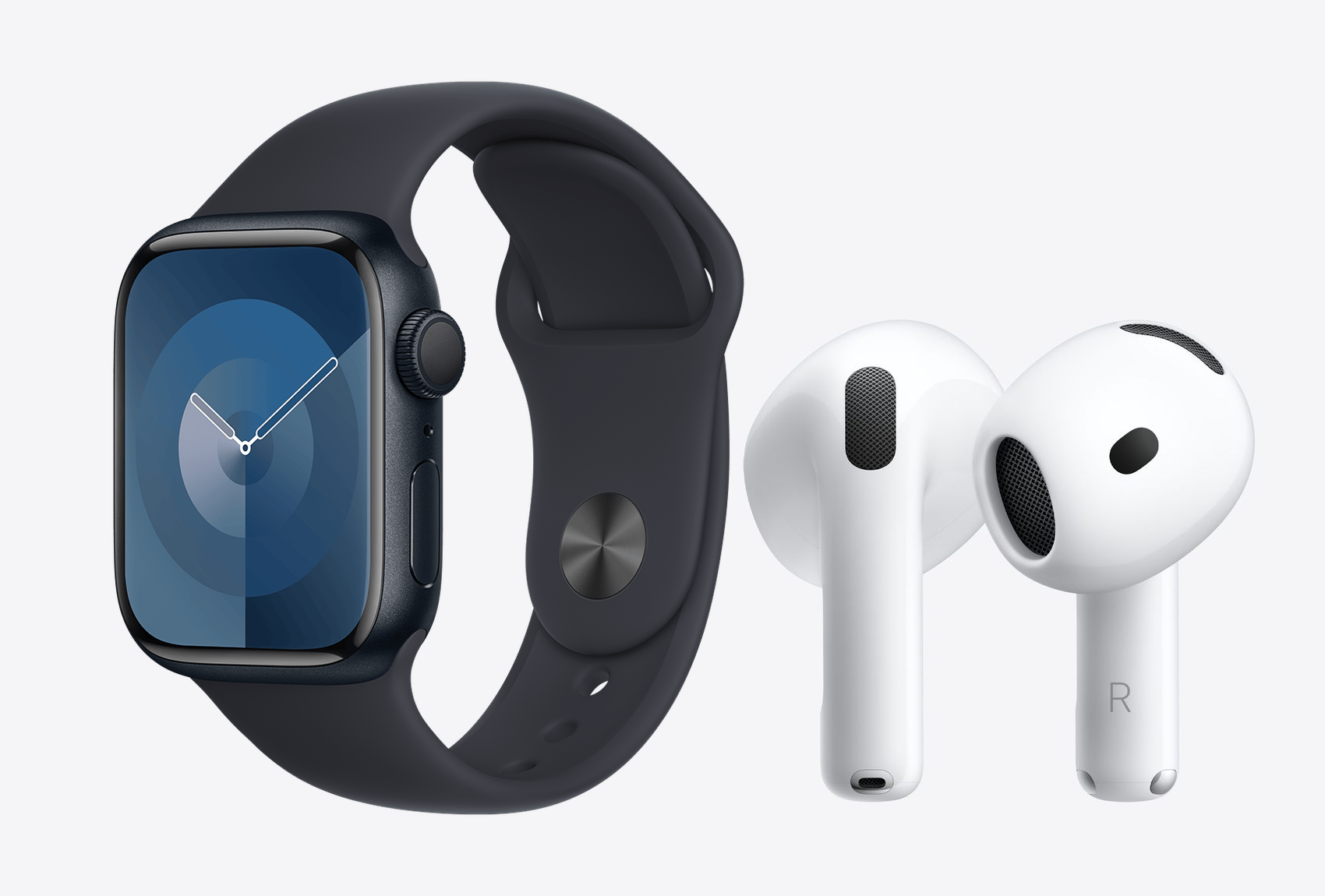Apple Watch com pulseira esportiva ao lado dos AirPods